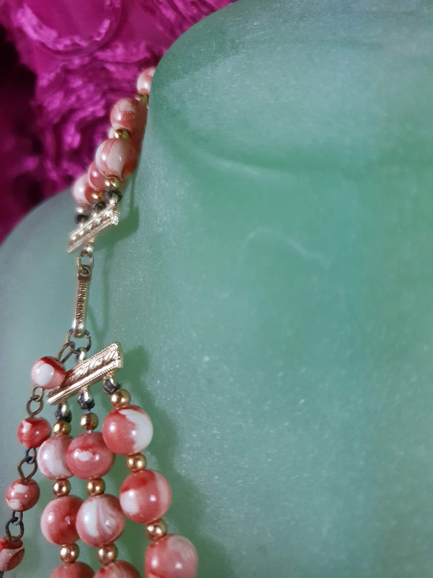 Vintage 1960s Pink Bead Necklace Marbled 3 Strand - Hong Kong Signed