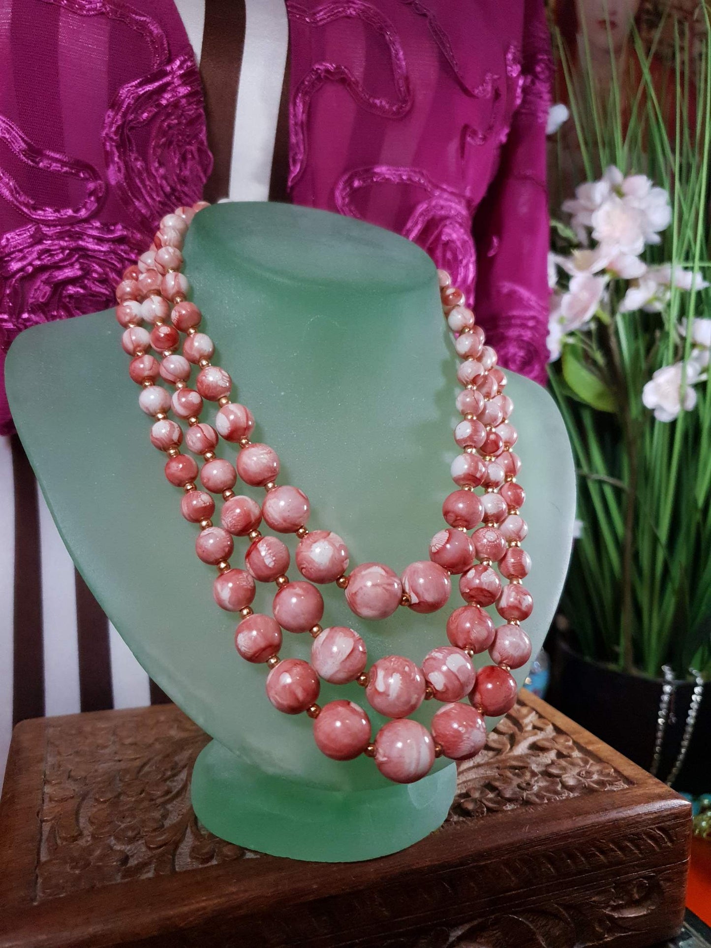 Vintage 1960s Pink Bead Necklace Marbled 3 Strand - Hong Kong Signed