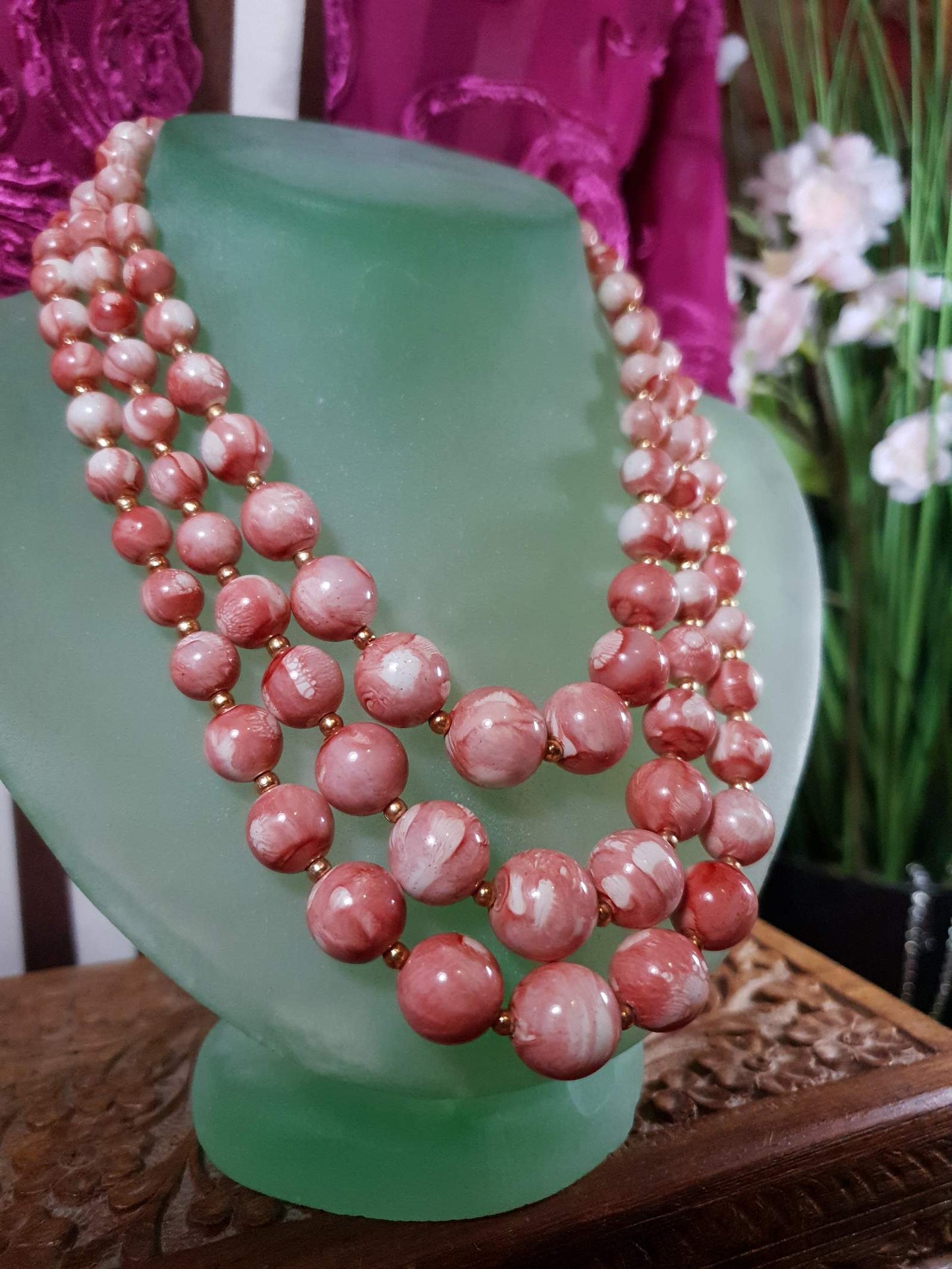 Vintage 1960s Pink Bead Necklace Marbled 3 Strand - Hong Kong Signed