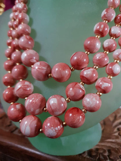 Vintage 1960s Pink Bead Necklace Marbled 3 Strand - Hong Kong Signed