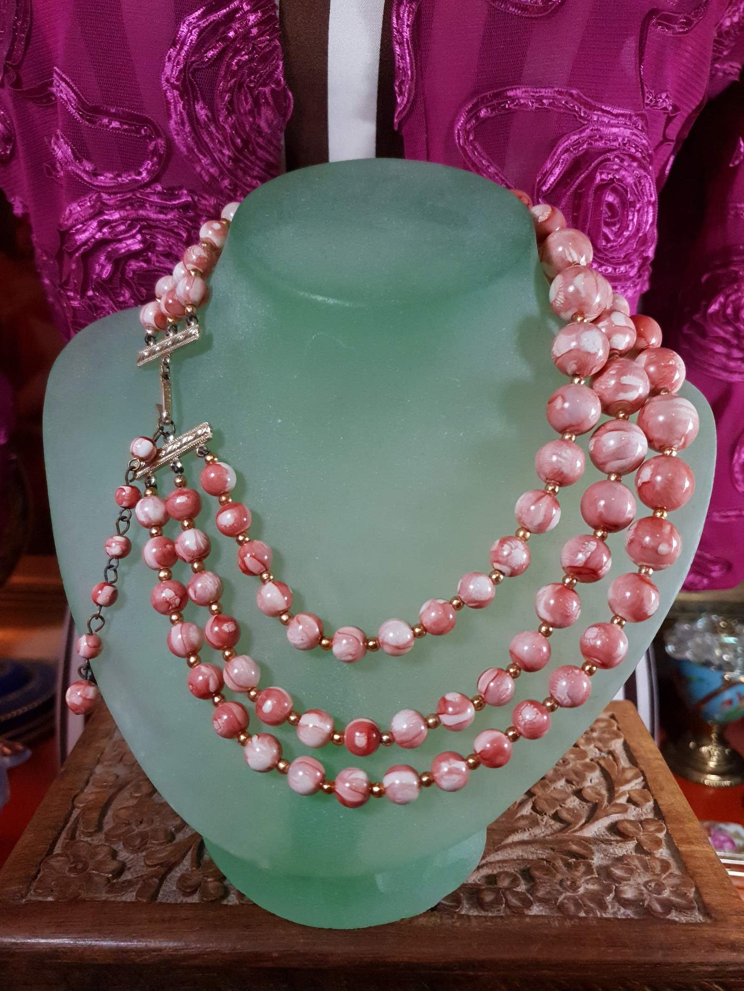 Vintage 1960s Pink Bead Necklace Marbled 3 Strand - Hong Kong Signed