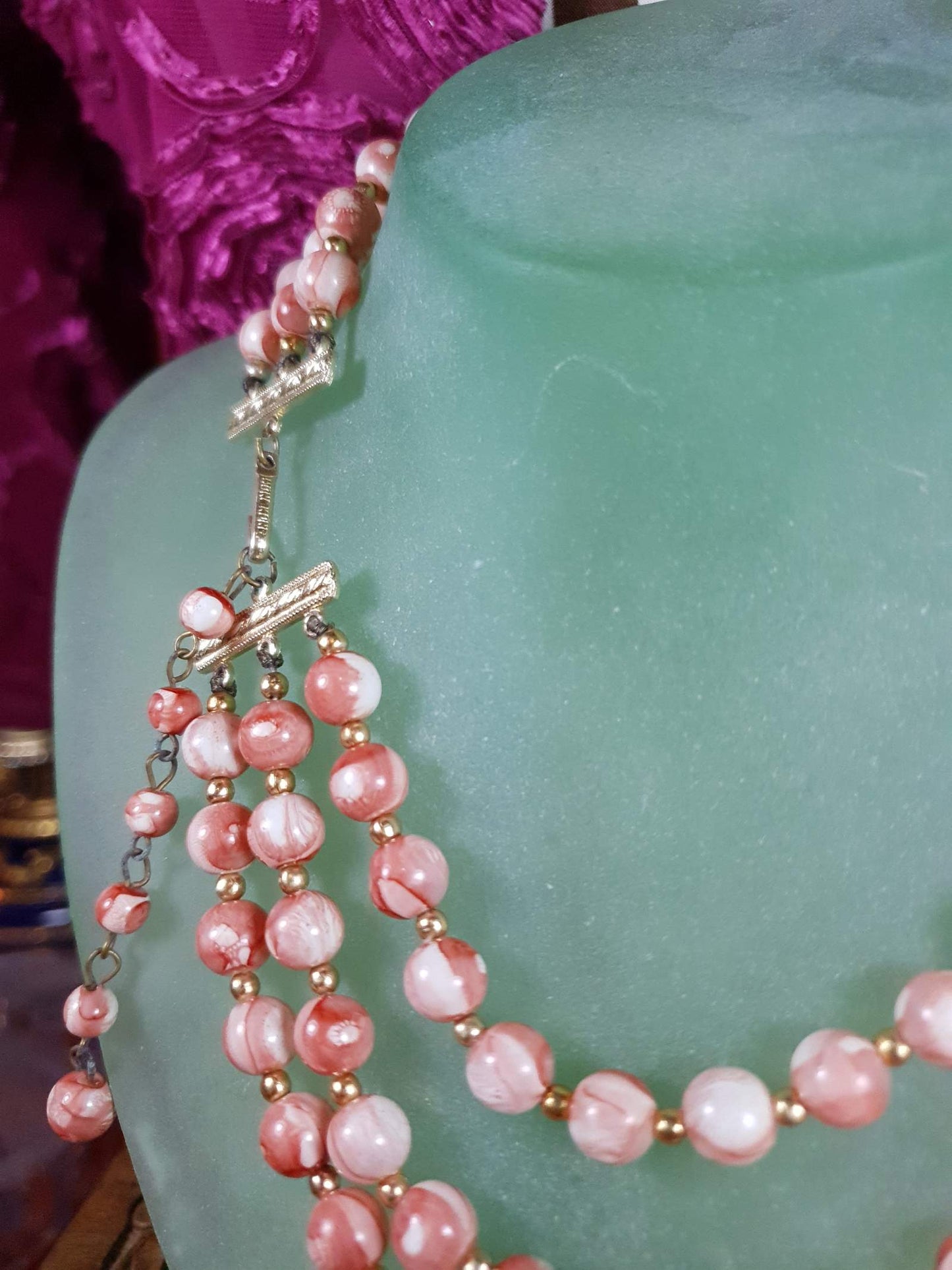 Vintage 1960s Pink Bead Necklace Marbled 3 Strand - Hong Kong Signed