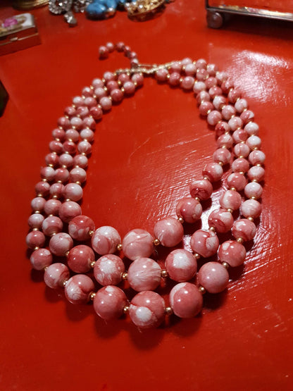Vintage 1960s Pink Bead Necklace Marbled 3 Strand - Hong Kong Signed