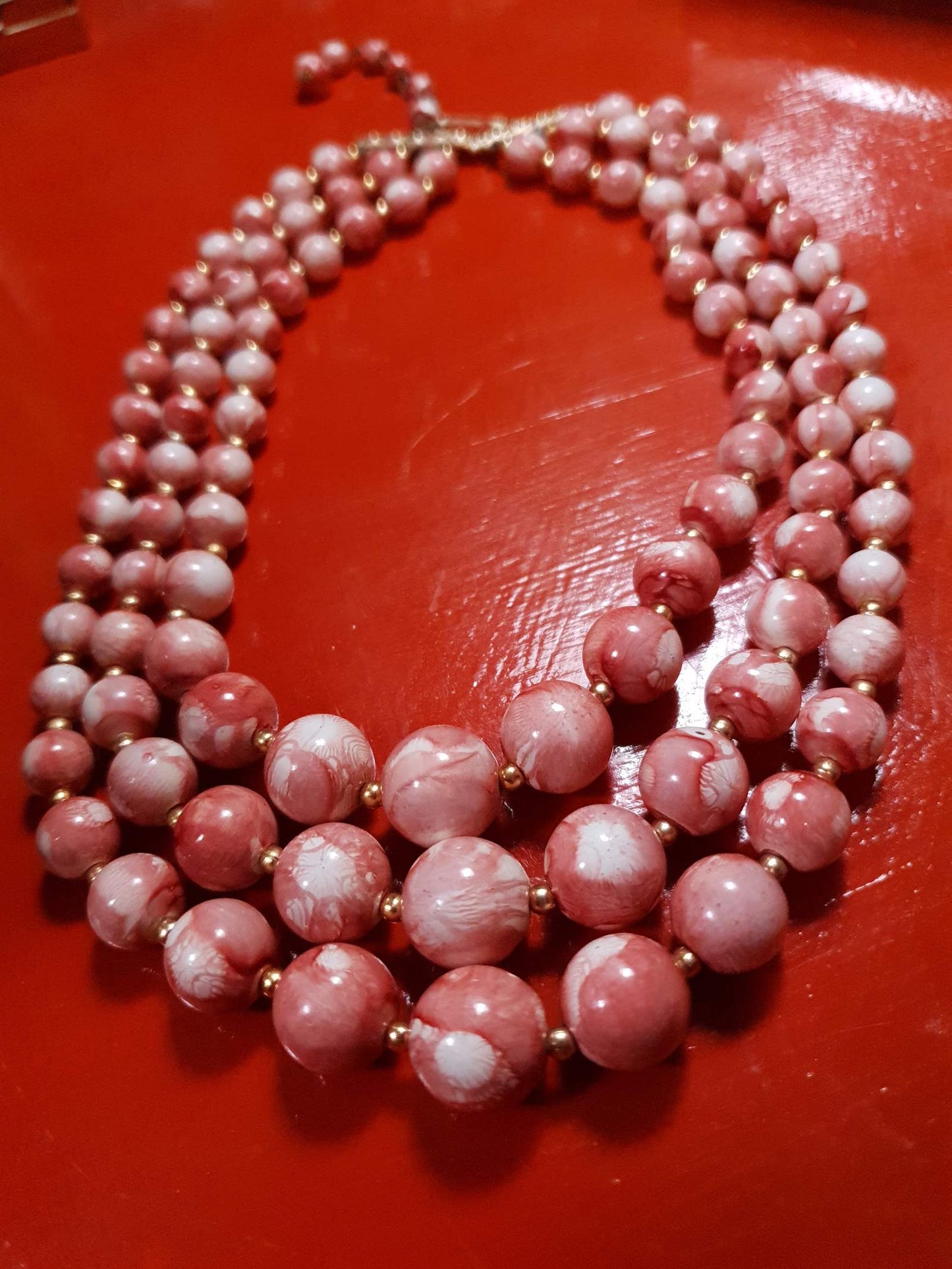 Vintage 1960s Pink Bead Necklace Marbled 3 Strand - Hong Kong Signed