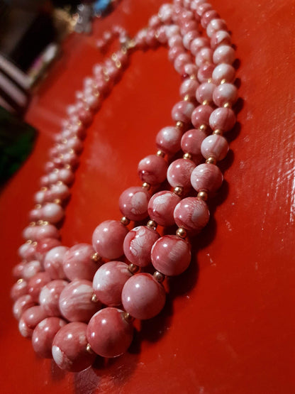 Vintage 1960s Pink Bead Necklace Marbled 3 Strand - Hong Kong Signed
