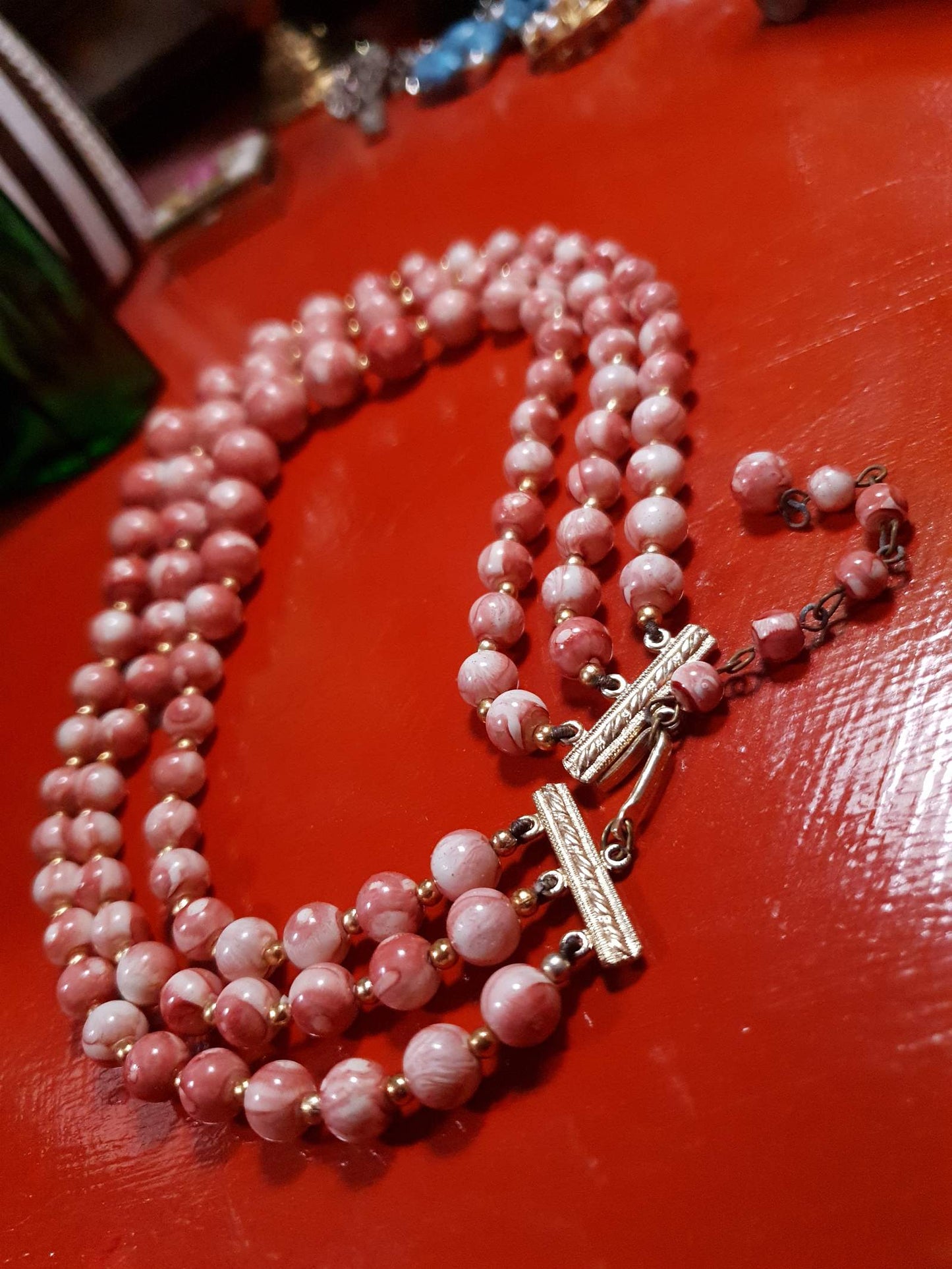 Vintage 1960s Pink Bead Necklace Marbled 3 Strand - Hong Kong Signed
