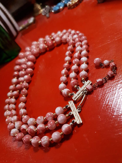 Vintage 1960s Pink Bead Necklace Marbled 3 Strand - Hong Kong Signed