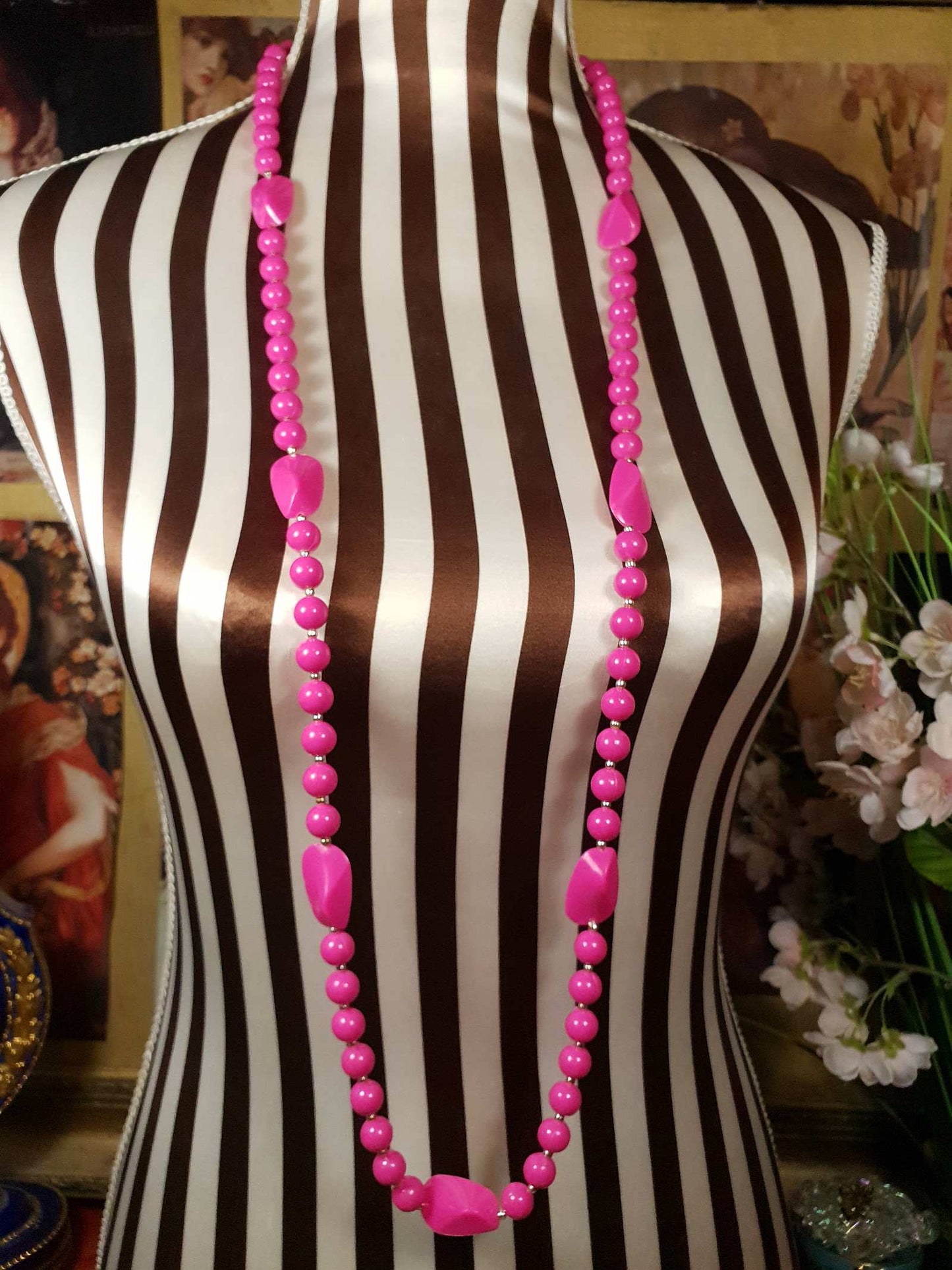 Vintage 1960s Pink Mod Necklace 41" Long Retro Cerise