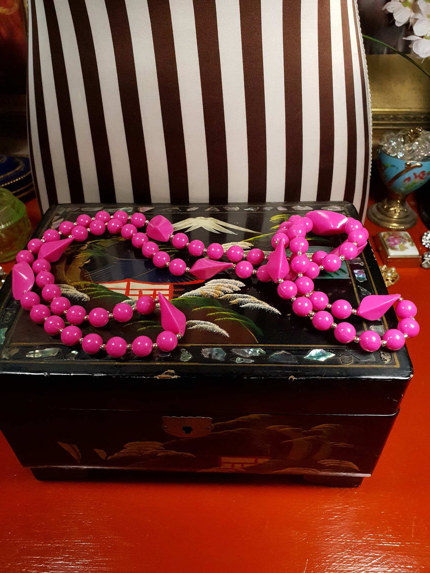 Vintage 1960s Pink Mod Necklace 41" Long Retro Cerise