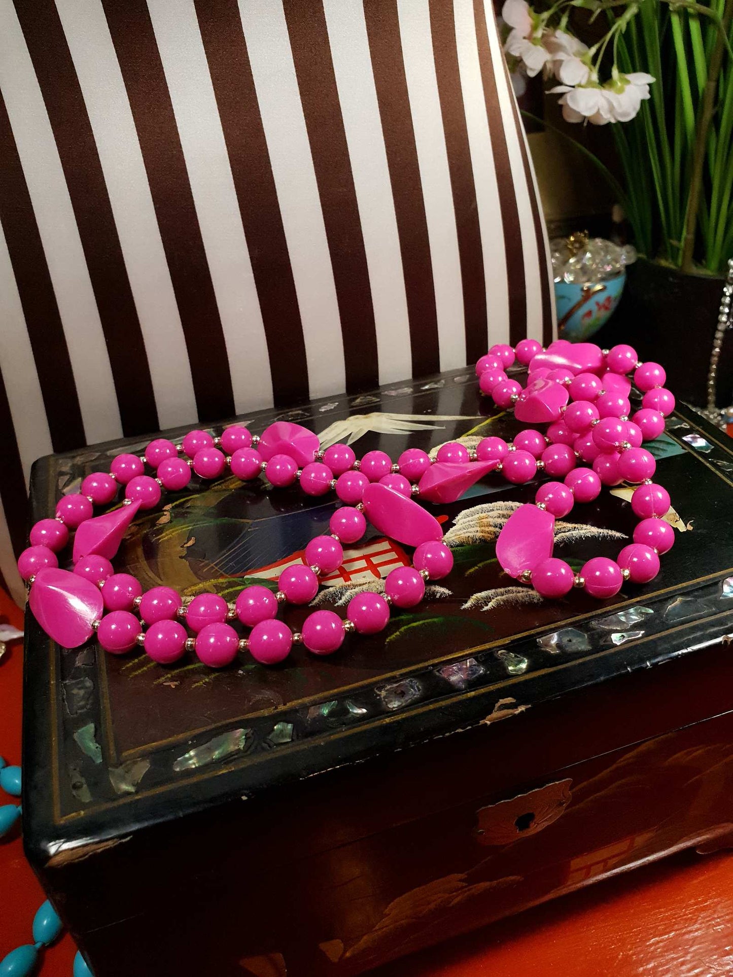 Vintage 1960s Pink Mod Necklace 41" Long Retro Cerise