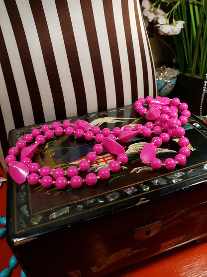 Vintage 1960s Pink Mod Necklace 41" Long Retro Cerise