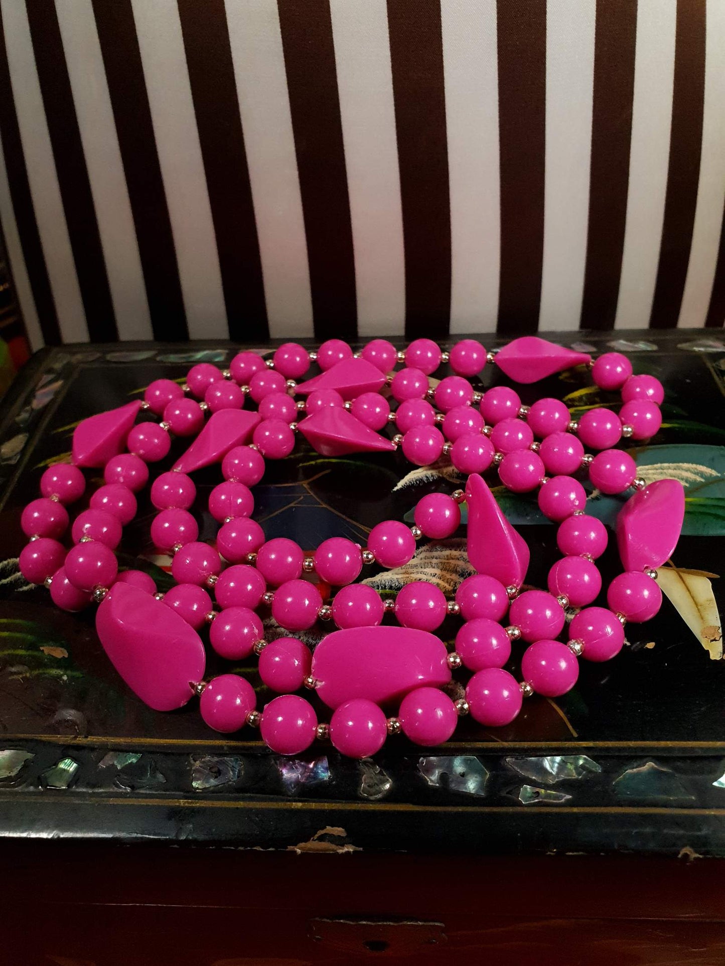 Vintage 1960s Pink Mod Necklace 41" Long Retro Cerise