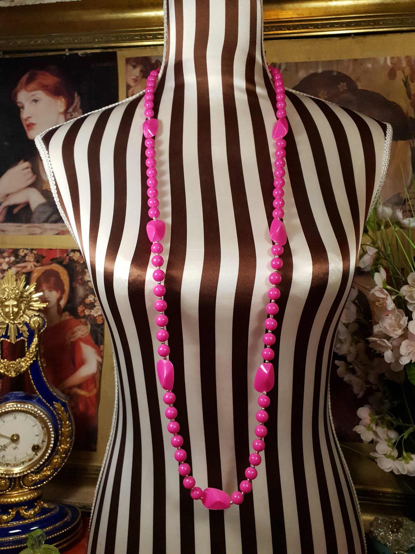 Vintage 1960s Pink Mod Necklace 41" Long Retro Cerise