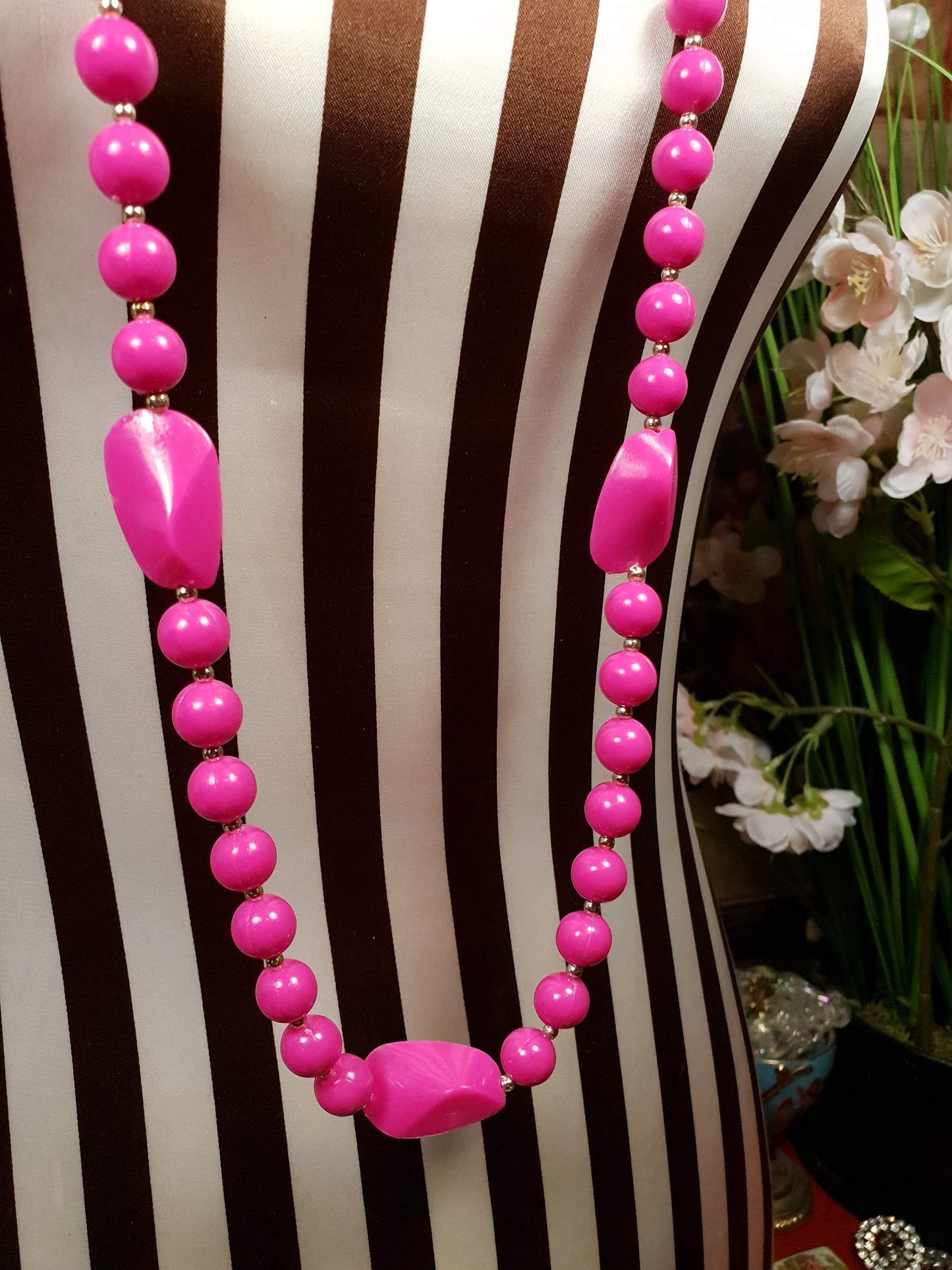 Vintage 1960s Pink Mod Necklace 41" Long Retro Cerise