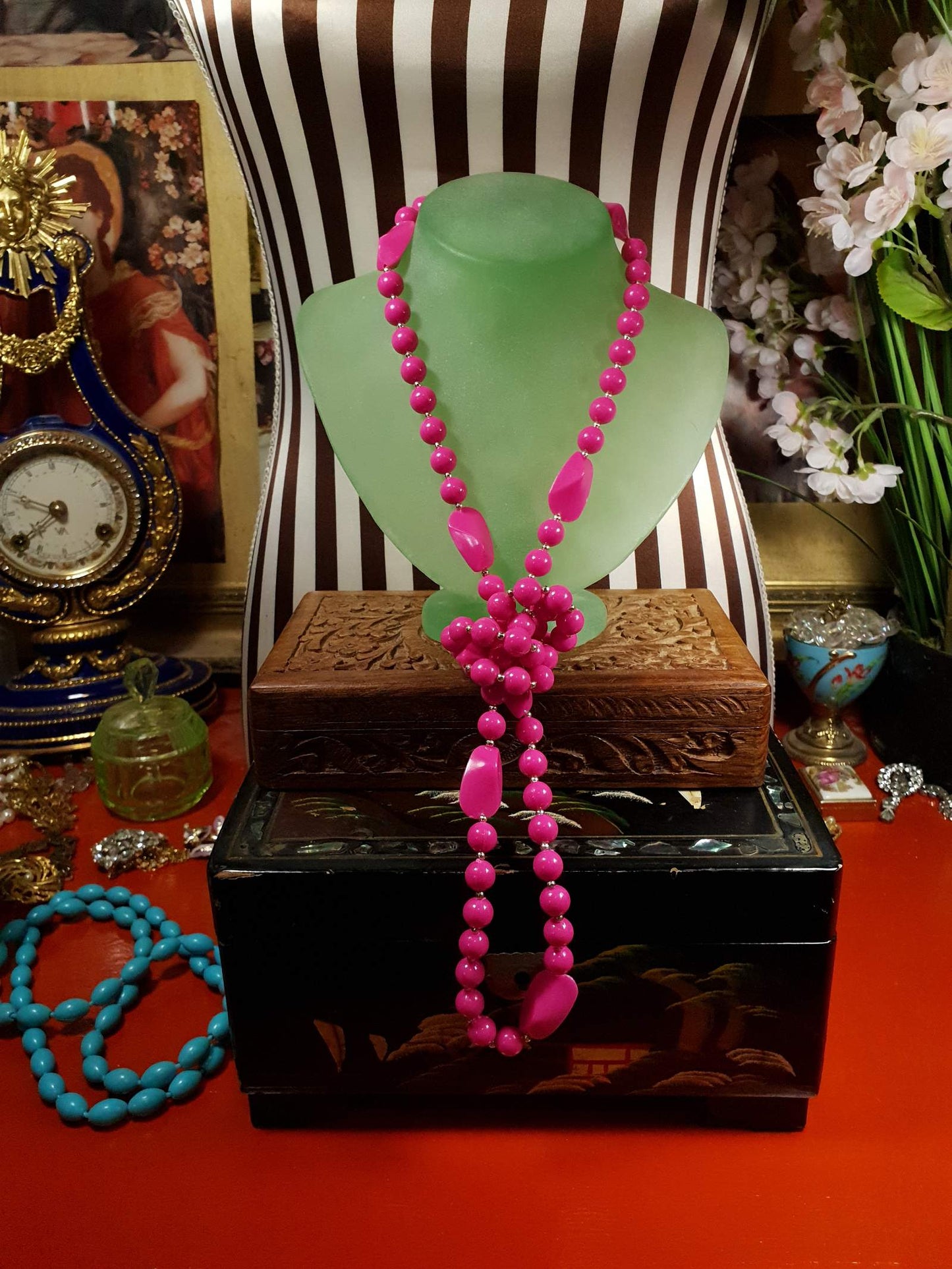 Vintage 1960s Pink Mod Necklace 41" Long Retro Cerise