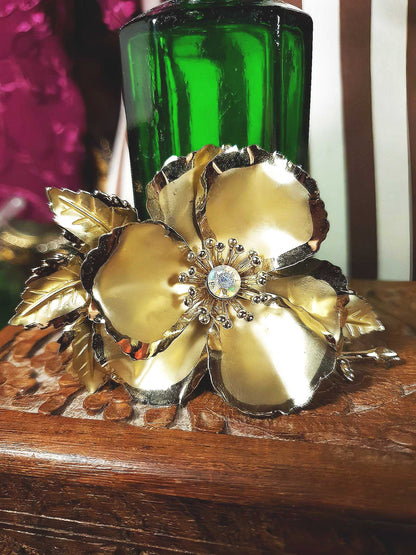 Vintage 1960s Large Flower Brooch Poppy Aurora Borealis Floral AB
