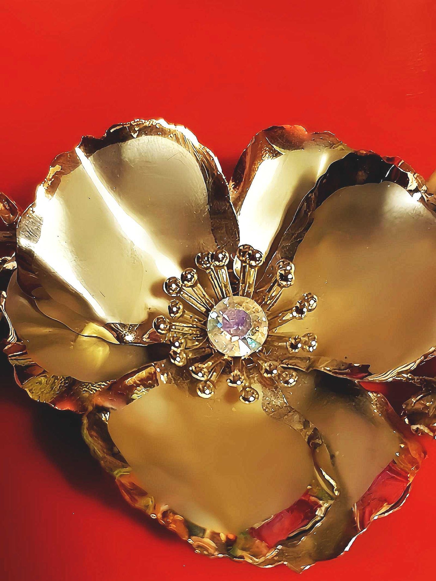 Vintage 1960s Large Flower Brooch Poppy Aurora Borealis Floral AB