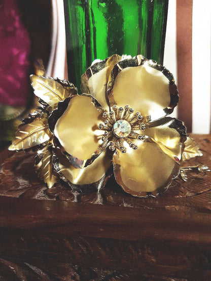 Vintage 1960s Large Flower Brooch Poppy Aurora Borealis Floral AB