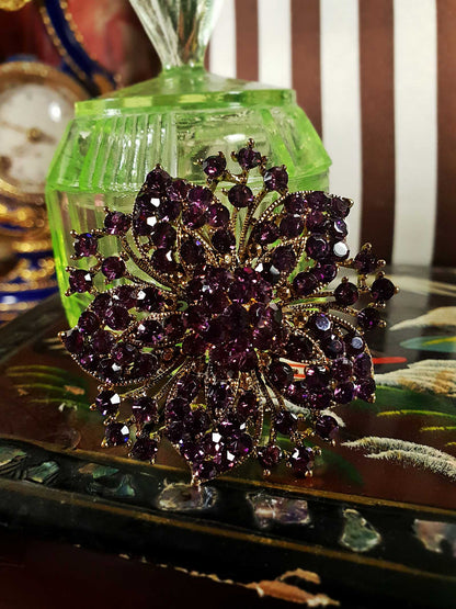 Pre-owned Purple Rhinestone Brooch Flower Gold Tone Diamante