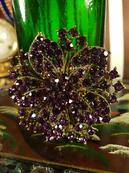 Pre-owned Purple Rhinestone Brooch Flower Gold Tone Diamante
