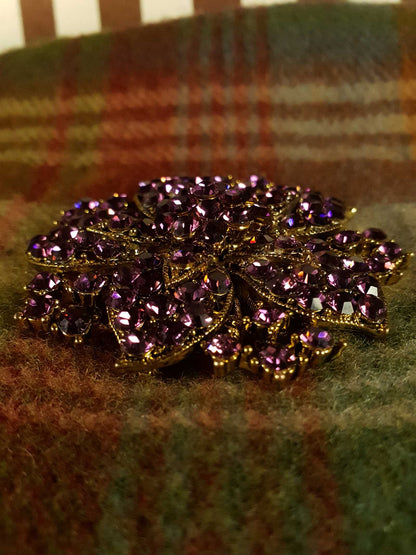Pre-owned Purple Rhinestone Brooch Flower Gold Tone Diamante