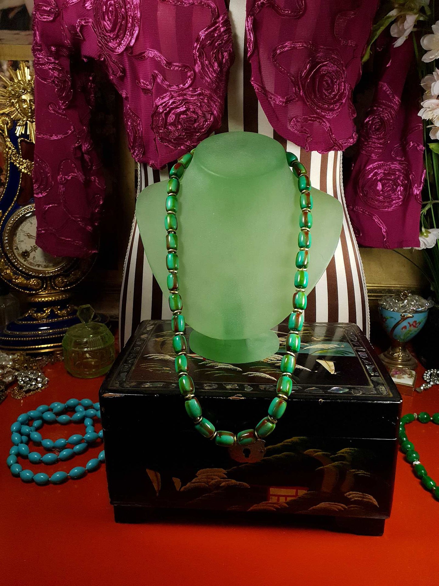 Vintage 1960s Turquoise Green Necklace 24" Bohemian Resin Bead Retro