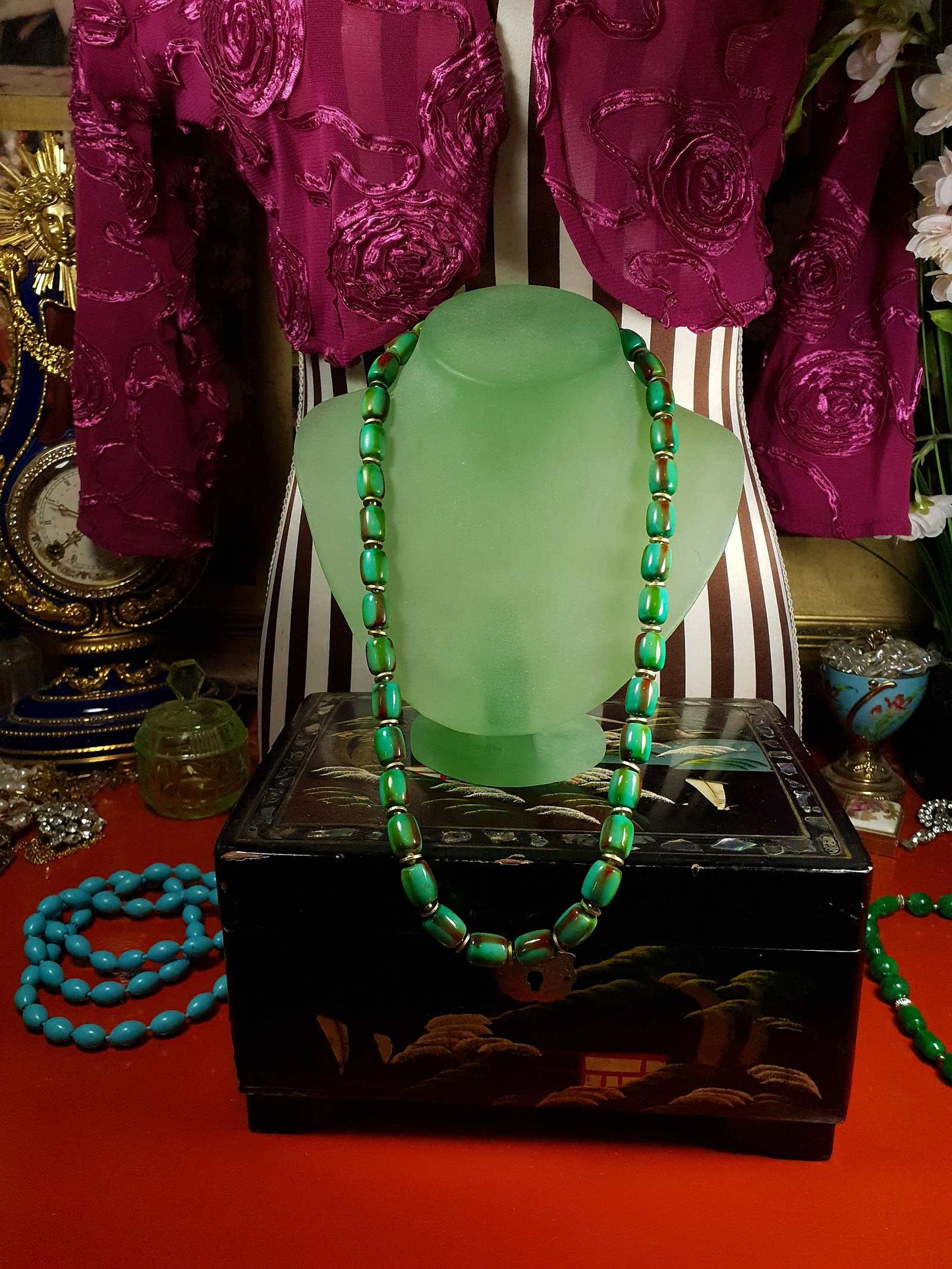 Vintage 1960s Turquoise Green Necklace 24" Bohemian Bead Retro