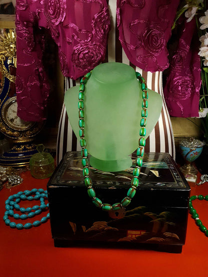 Vintage 1960s Turquoise Green Necklace 24" Bohemian Bead Retro