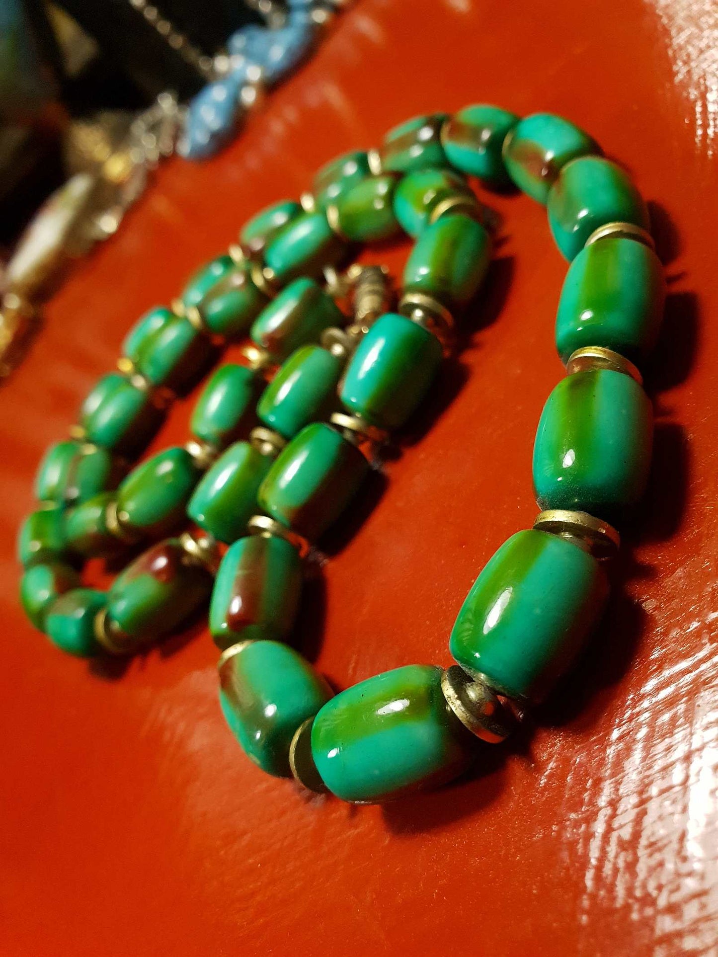 Vintage 1960s Turquoise Green Necklace 24" Bohemian Resin Bead Retro