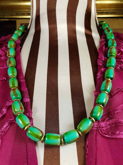 Vintage 1960s Turquoise Green Necklace 24" Bohemian Resin Bead Retro