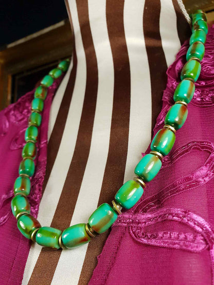 Vintage 1960s Turquoise Green Necklace 24" Bohemian Resin Bead Retro