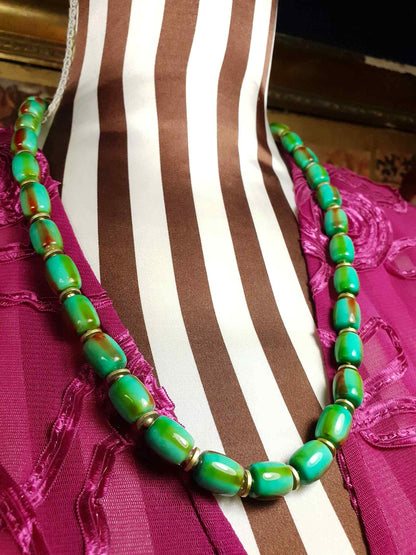 Vintage 1960s Turquoise Green Necklace 24" Bohemian Resin Bead Retro