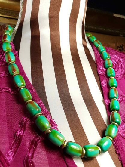 Vintage 1960s Turquoise Green Necklace 24" Bohemian Resin Bead Retro