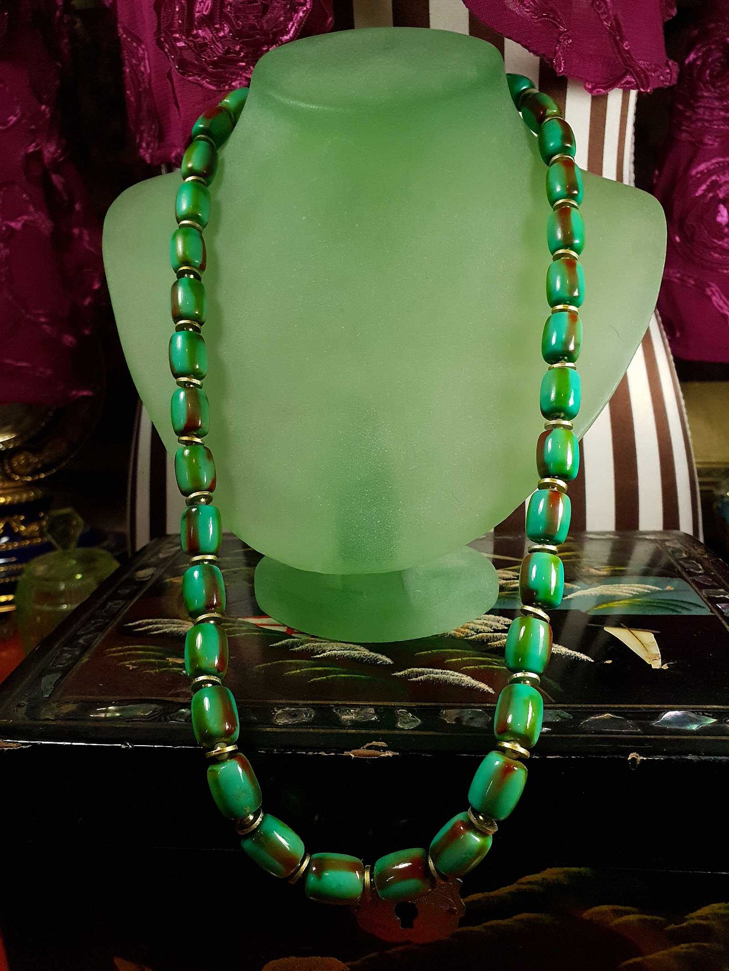 Vintage 1960s Turquoise Green Necklace 24" Bohemian Resin Bead Retro