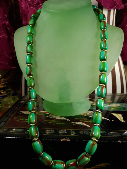 Vintage 1960s Turquoise Green Necklace 24" Bohemian Resin Bead Retro