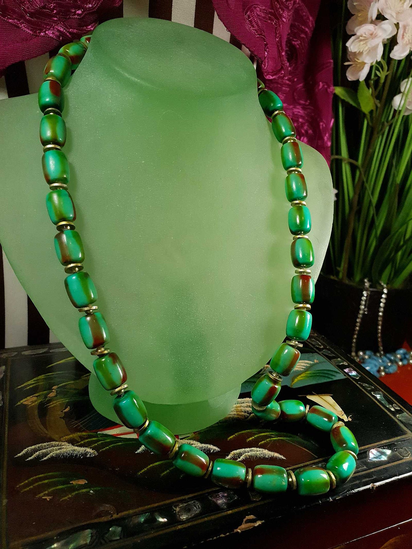 Vintage 1960s Turquoise Green Necklace 24" Bohemian Resin Bead Retro