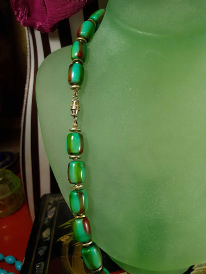 Vintage 1960s Turquoise Green Necklace 24" Bohemian Resin Bead Retro