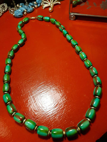 Vintage 1960s Turquoise Green Necklace 24" Bohemian Resin Bead Retro