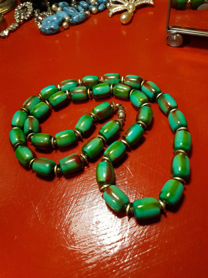 Vintage 1960s Turquoise Green Necklace 24" Bohemian Resin Bead Retro