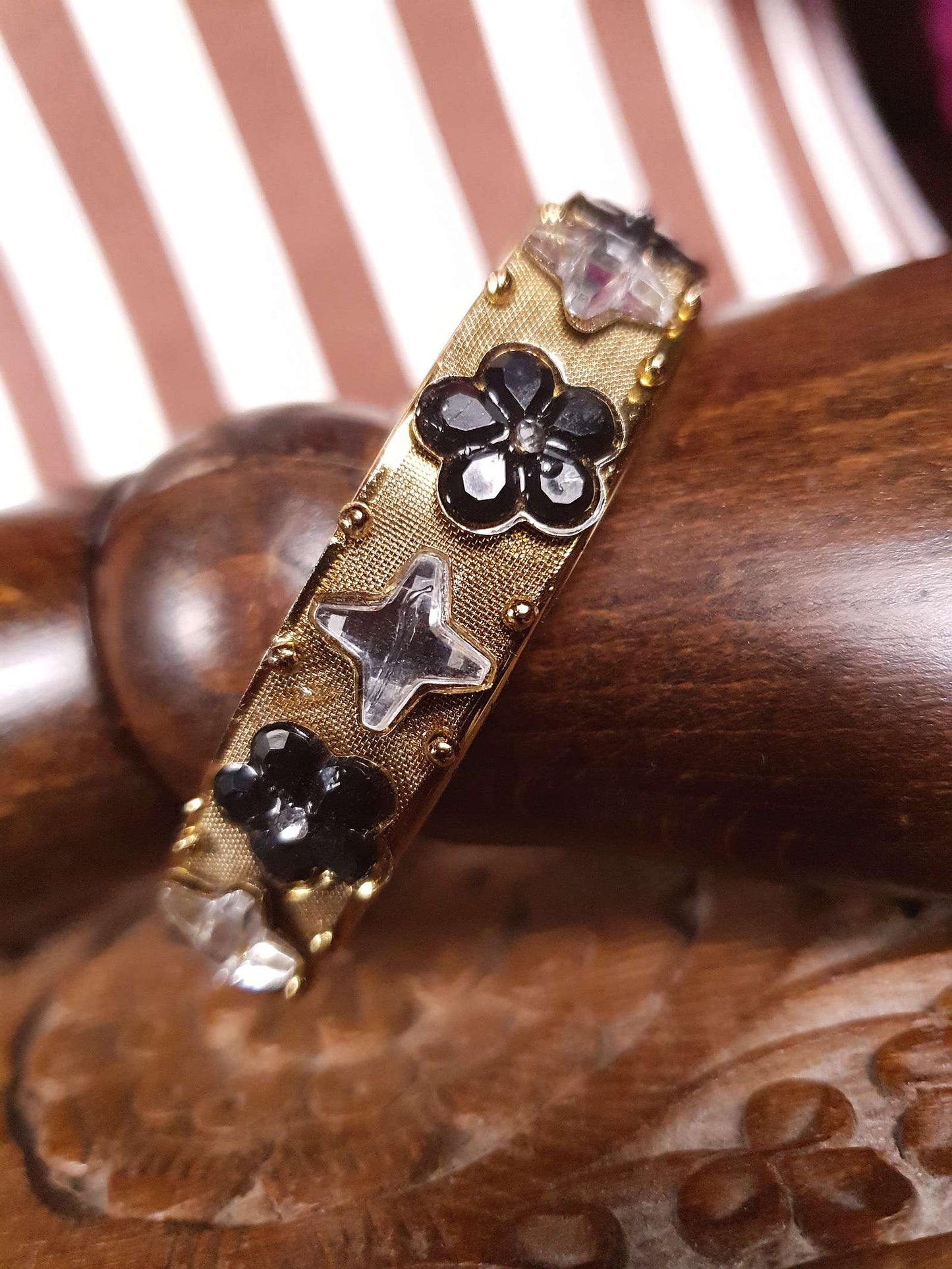 Vintage Rhinestone Mesh Bangle Bracelet 1960s Flower Floral Retro Glam Gold Tone