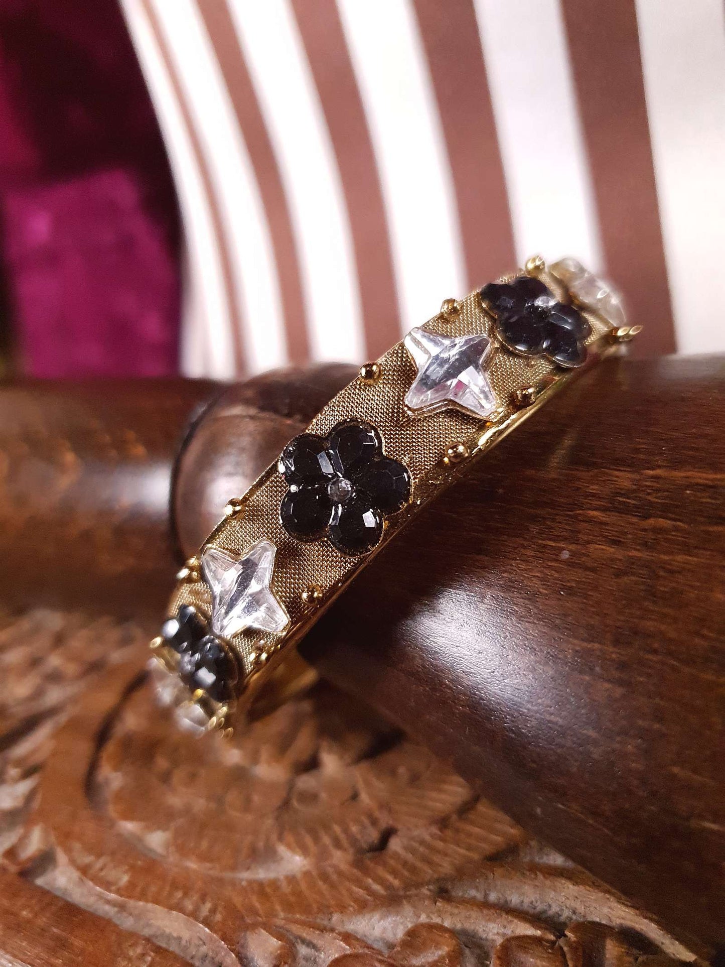 Vintage Rhinestone Mesh Bangle Bracelet 1960s Flower Floral Retro Glam Gold Tone