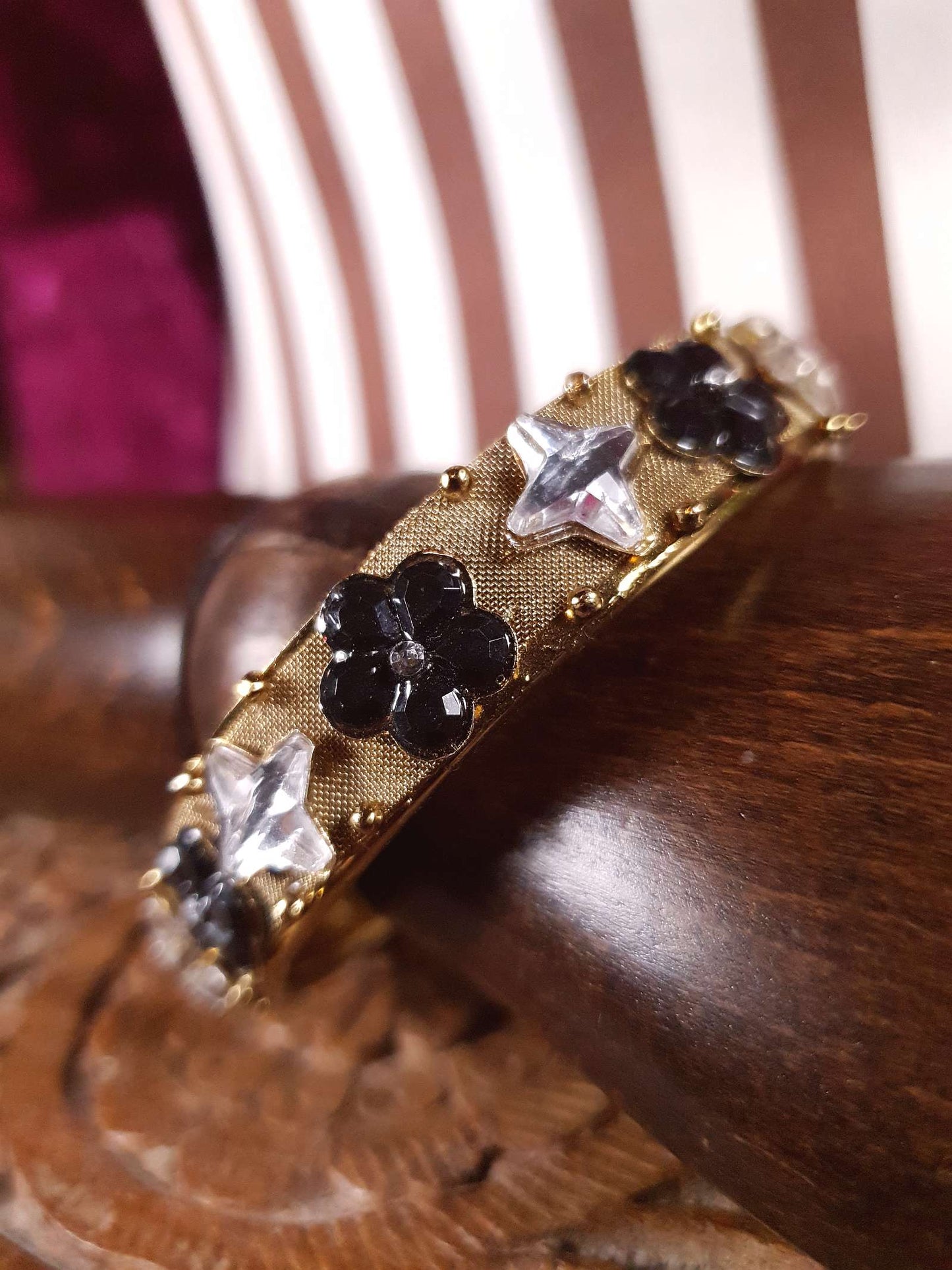 Vintage Rhinestone Mesh Bangle Bracelet 1960s Flower Floral Retro Glam Gold Tone