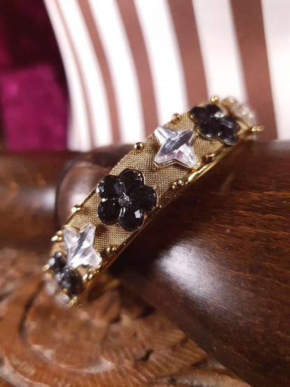 Vintage Rhinestone Mesh Bangle Bracelet 1960s Flower Floral Retro Glam Gold Tone