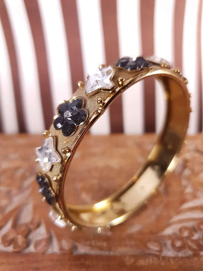 Vintage Rhinestone Mesh Bangle Bracelet 1960s Flower Floral Retro Glam Gold Tone