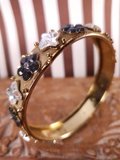 Vintage Rhinestone Mesh Bangle Bracelet 1960s Flower Floral Retro Glam Gold Tone