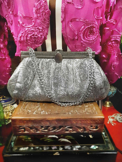 Vintage 1960s Silver Evening Bag Shoulder Handbag Metallic Tote