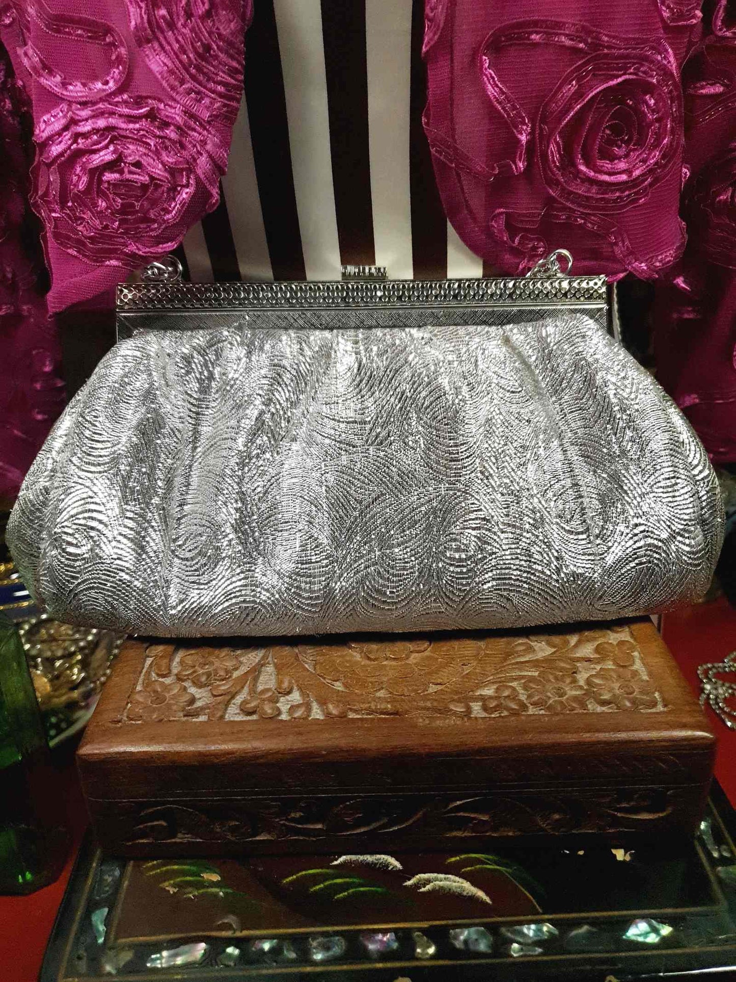 Vintage 1960s Silver Evening Bag Shoulder Handbag Metallic Tote