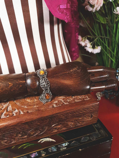 Vintage Tiger's Eye Gemstone Bracelet 1960s Filigree Silver-Tone