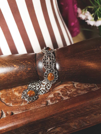 Vintage Tiger's Eye Gemstone Bracelet 1960s Filigree Silver-Tone