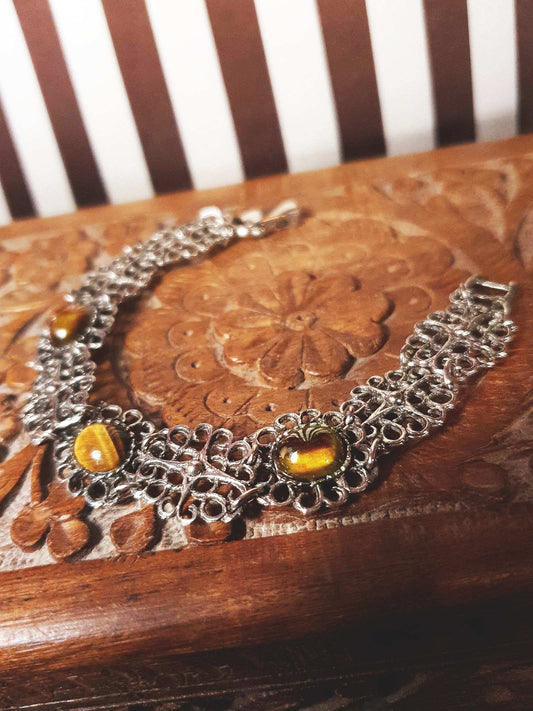 Vintage Tiger's Eye Gemstone Bracelet 1960s Filigree Silver-Tone